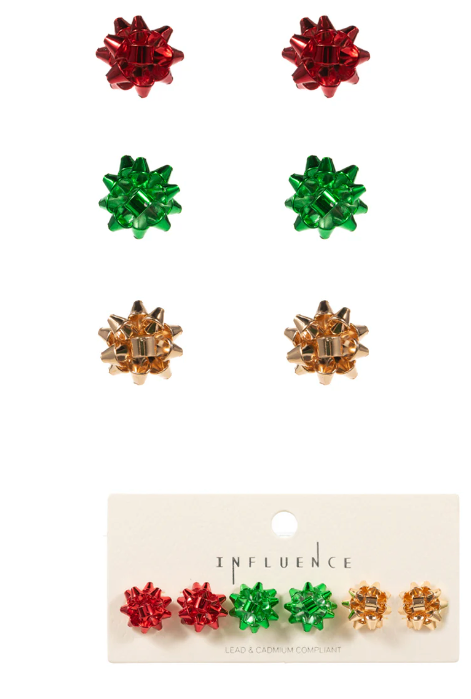 Card of Bow Stud Earrings in Red, Green and Gold