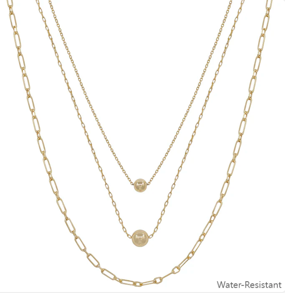 Water Resistant Gold Ball with Triple Layered Chain Necklace