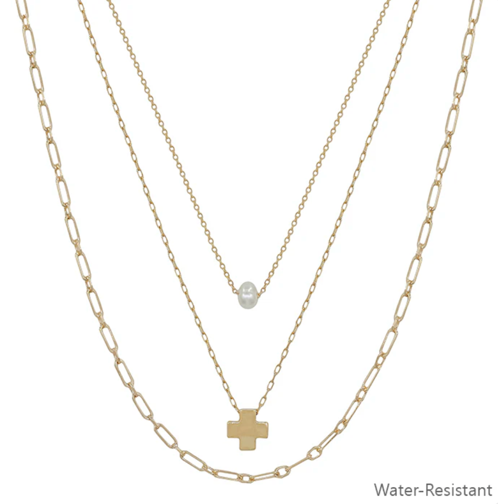 Water Resistant Triple Layered Gold Cross and Pearl Necklace