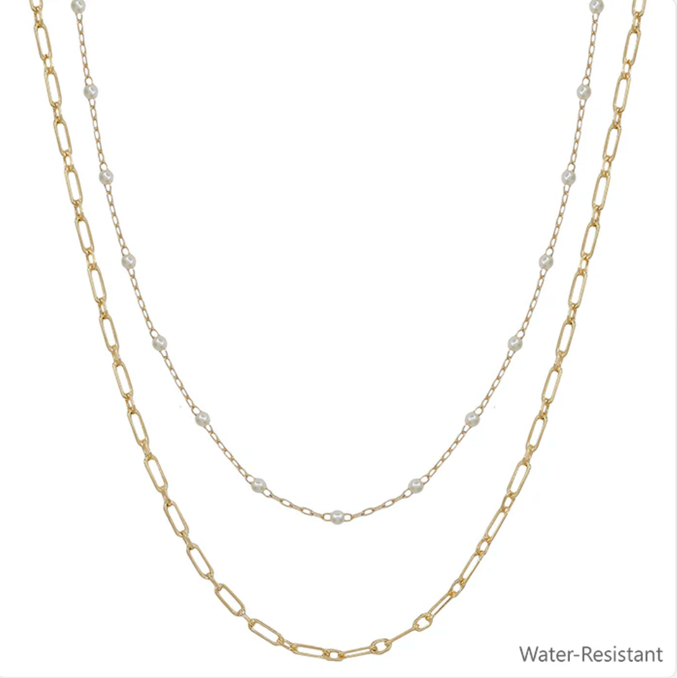 Water Resistant Double Layered Pearl Beaded Chain Necklace