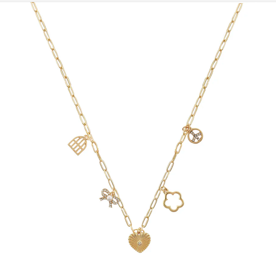 Heart, Bow, and Flower Gold Charm Necklace