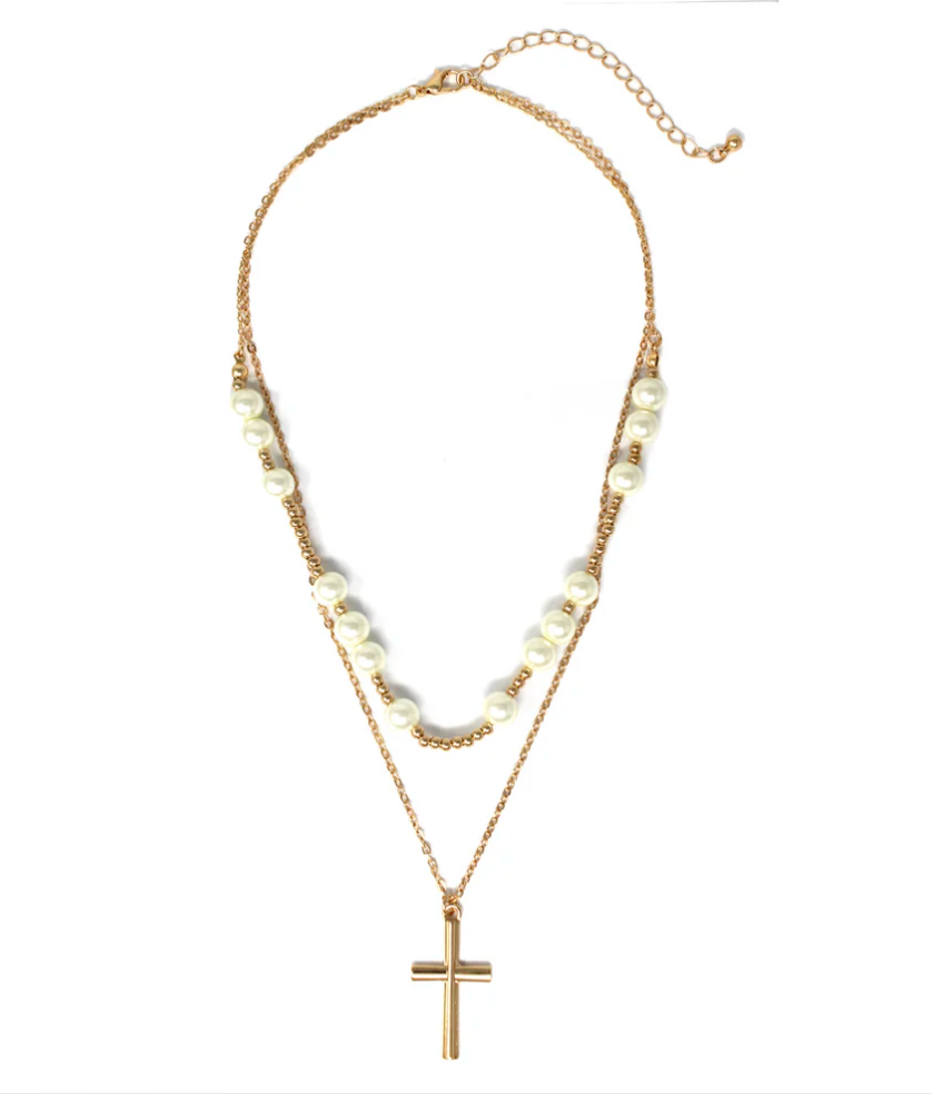 Gold and Pearl Beaded Layered Cross Necklace