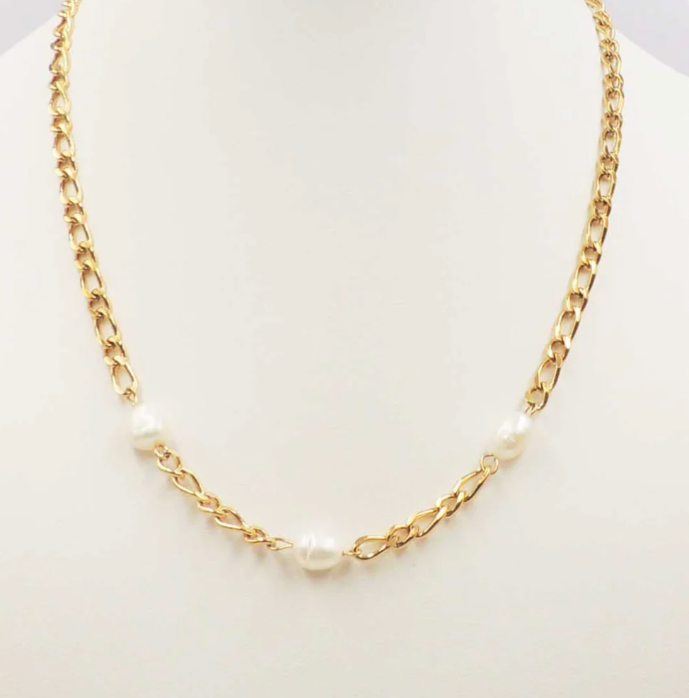 Stainless Steel Gold Chain Necklace with Freshwater Pearl