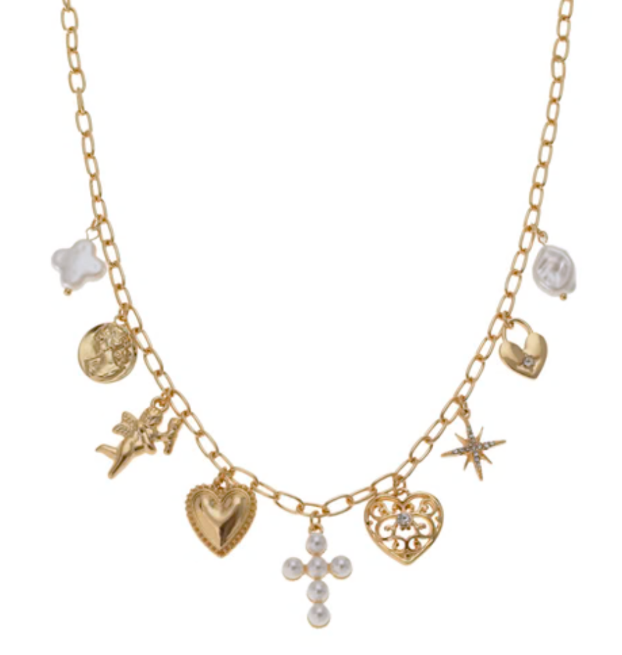 Gold Charm Necklace with Pearl Cross, Hearts, and Starburst