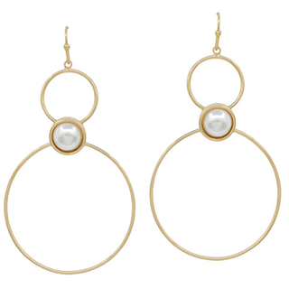 Thin Double Circle Drop Earrings with Pearl Accent (2 Colors)