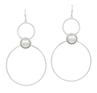 Thin Double Circle Drop Earrings with Pearl Accent (2 Colors)