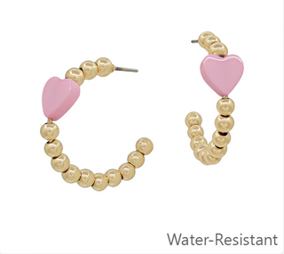Water Resistant Gold Hoop Earrings with Colored Heart (2 Colors)