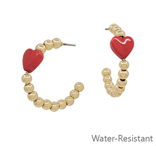 Water Resistant Gold Hoop Earrings with Colored Heart (2 Colors)