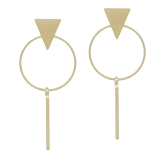 Gold Triangle Stud Earrings with Circle and Bar Drop