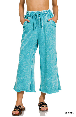 LT TEAL ACID WASH FLEECE PALAZZO SWEATPANTS WITH POCKETS FINAL SALE