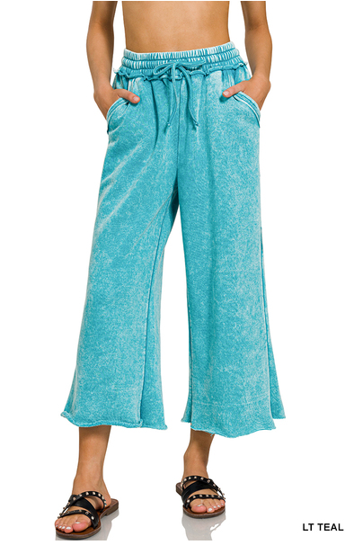 LT TEAL ACID WASH FLEECE PALAZZO SWEATPANTS WITH POCKETS