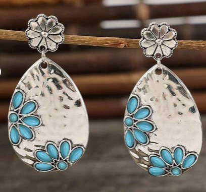 Western Style Turquoise Flower Shaped Drop Earrings