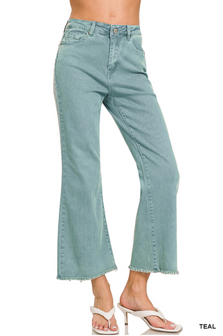 TEAL ACID WASHED HIGH WAIST FRAYED HEM BOOTCUT PANTS