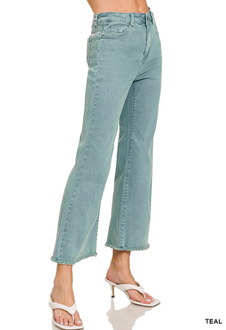 TEAL ACID WASHED HIGH WAIST FRAYED HEM BOOTCUT PANTS
