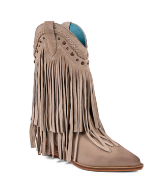 Roan "Setup" Western Fringe Boot in Bone Suede