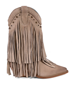 Roan "Setup" Western Fringe Boot in Bone Suede