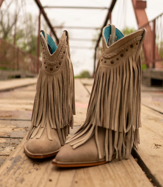 Roan "Setup" Western Fringe Boot in Bone Suede
