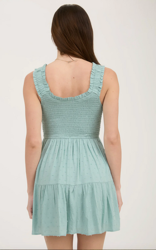 LIGHT SAGE CLIPDOT BOW DETAIL SMOCKED DRESS Final Sale
