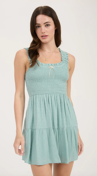 LIGHT SAGE CLIPDOT BOW DETAIL SMOCKED DRESS Final Sale