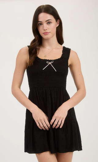 BLACK CLIPDOT BOW DETAIL SMOCKED DRESS Final Sale