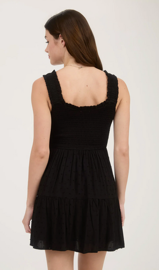 BLACK CLIPDOT BOW DETAIL SMOCKED DRESS Final Sale