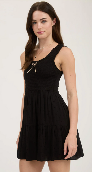 BLACK CLIPDOT BOW DETAIL SMOCKED DRESS Final Sale