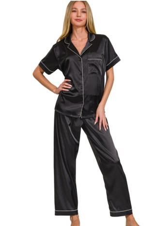 BLACK SATIN PAJAMA SET