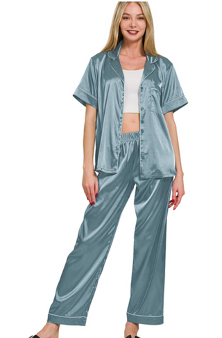 BLUE GREY SATIN PAJAMA SET