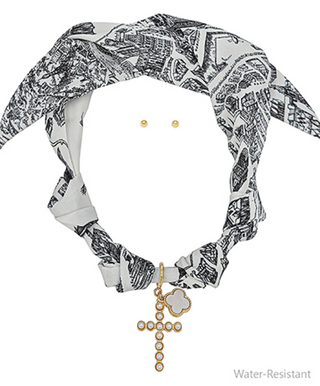 Cross & Clover Charm Scarf Necklace Set (2 Colors)