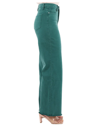 CHLOE BLUE TEAL HIGH RISE FRAYED WIDE LEG PANTS