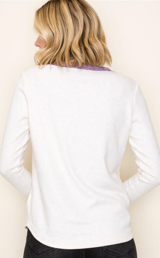 SC OATMEAL PLUM COLOR TRIMMED BUTTON HENLEY, LONG SLEEVE, MICRO BRUSHED KNIT TOP