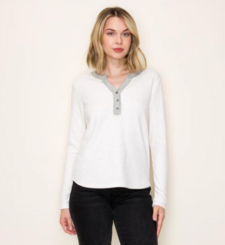 SC OATMEAL SAGE COLOR TRIMMED BUTTON HENLEY, LONG SLEEVE, MICRO BRUSHED KNIT TOP