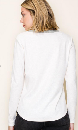 SC OATMEAL SAGE COLOR TRIMMED BUTTON HENLEY, LONG SLEEVE, MICRO BRUSHED KNIT TOP