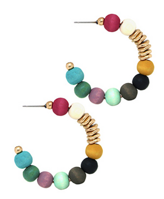 Accent Metal Disc On Wood Bead Hoops (6 Colors)