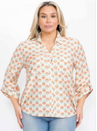CURVY OFF WHITE GEO BUTTON DOWN SHIRT W/ SLEEVE TABS