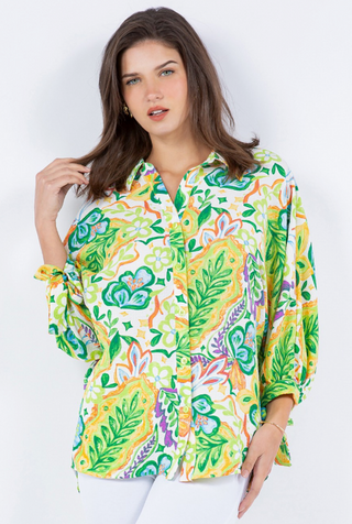 GREEN FLORAL BUTTON SHIRT W/ SLEEVE TIES FINAL SALE