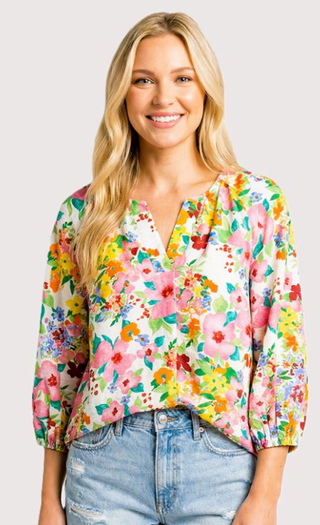 Ivory Y-Split Neck 3/4 Length Sleeve Top Final Sale