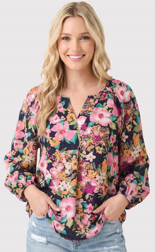 Navy Y-Split Neck 3/4 Length Sleeve Top FINAL SALE