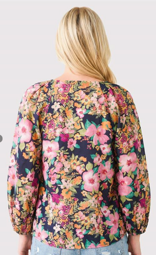 Navy Y-Split Neck 3/4 Length Sleeve Top FINAL SALE