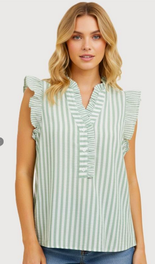 Green Seersucker Striped Ruffle Sleeve Top Final Sale