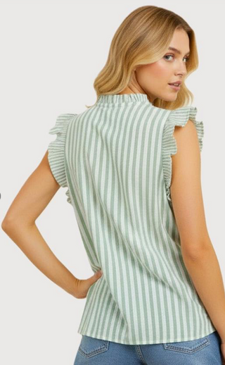 Green Seersucker Striped Ruffle Sleeve Top Final Sale