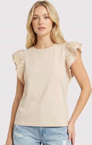 SC Natural Eyelet Scalloped Laced Ruffle Sleeve Top