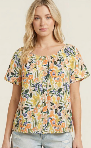 Coral Mix Floral Mock Button Down Top Final Sale