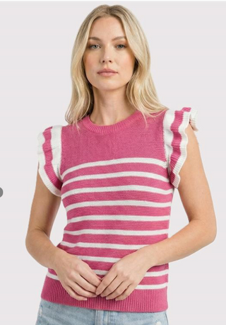 Pink Crew Neck Striped Ruffle Sleeve Sweater FINAL SALE