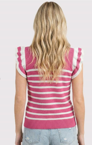 Pink Crew Neck Striped Ruffle Sleeve Sweater FINAL SALE