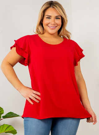 Red Double Ruffle Sleeve Top