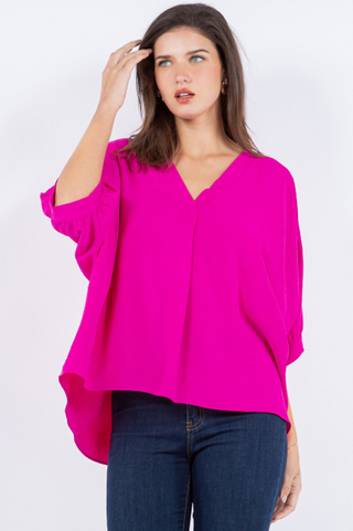 Curvy Hot Pink Wide V-Neck Short Sleeve Top FINAL SALE