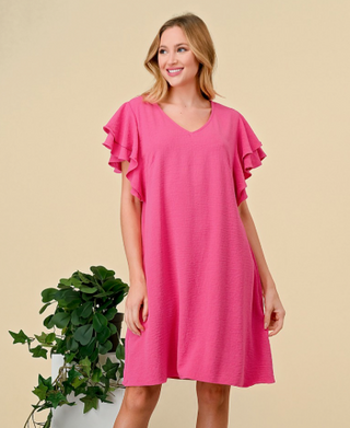 Hot Pink Leopard Jacquard Dress w/Double Ruffle Sleeves and Pockets FINAL SALE