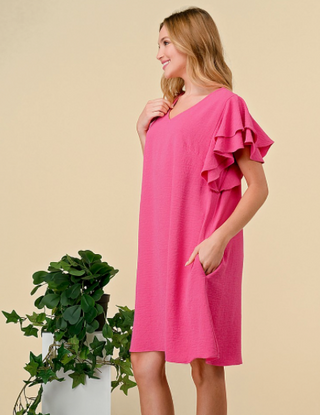 Hot Pink Leopard Jacquard Dress w/Double Ruffle Sleeves and Pockets FINAL SALE