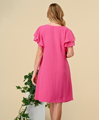 Hot Pink Leopard Jacquard Dress w/Double Ruffle Sleeves and Pockets FINAL SALE